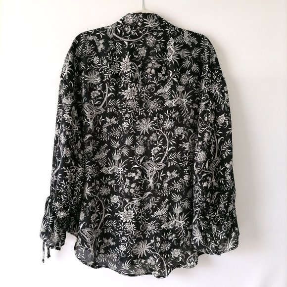 H&M Womens Black White Poet Sleeve Collared Hi Low Hem Floral Blouse Top Size S - Picture 4 of 7
